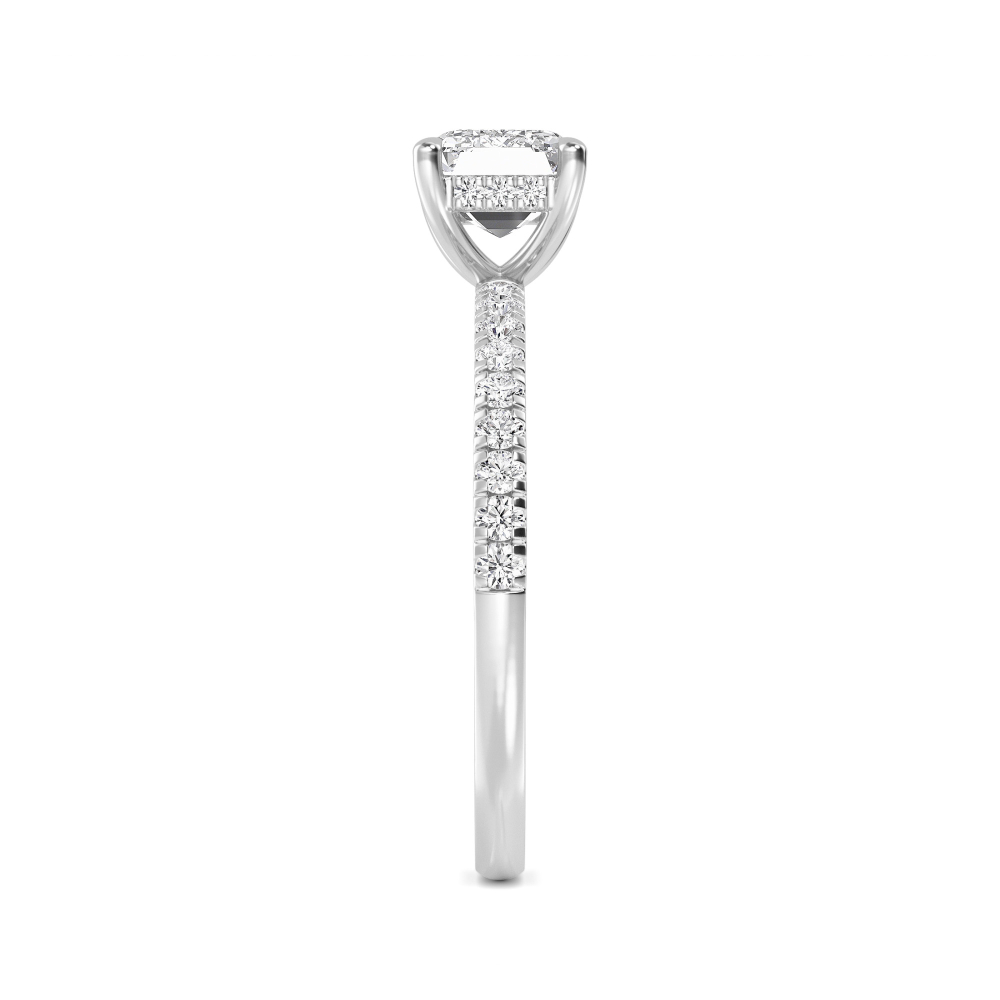Laurel, Four Prong Emerald East-West Solitaire, Pavé Band, Hidden Halo in White Gold, emerald, plain background, alternate view