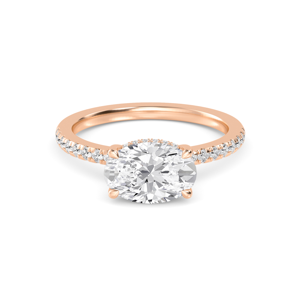 Lily, Four Prong Oval East-West Solitaire, Pavé Band, Hidden Halo in Rose Gold, oval, plain background