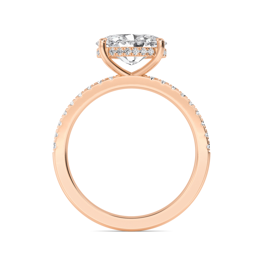 Lily, Four Prong Oval East-West Solitaire, Pavé Band, Hidden Halo in Rose Gold, oval, plain background, alternate view
