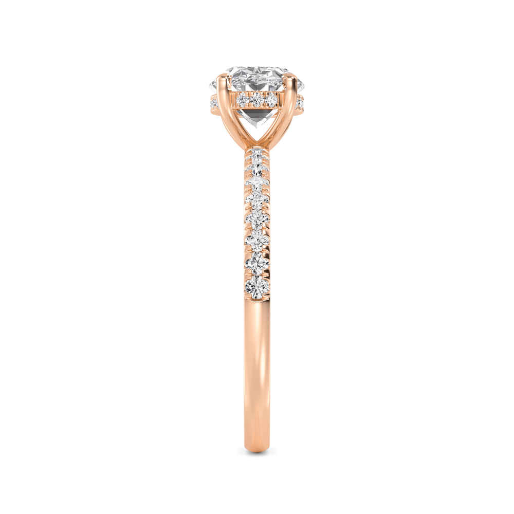 Lily, Four Prong Oval East-West Solitaire, Pavé Band, Hidden Halo in Rose Gold, oval, plain background, alternate view