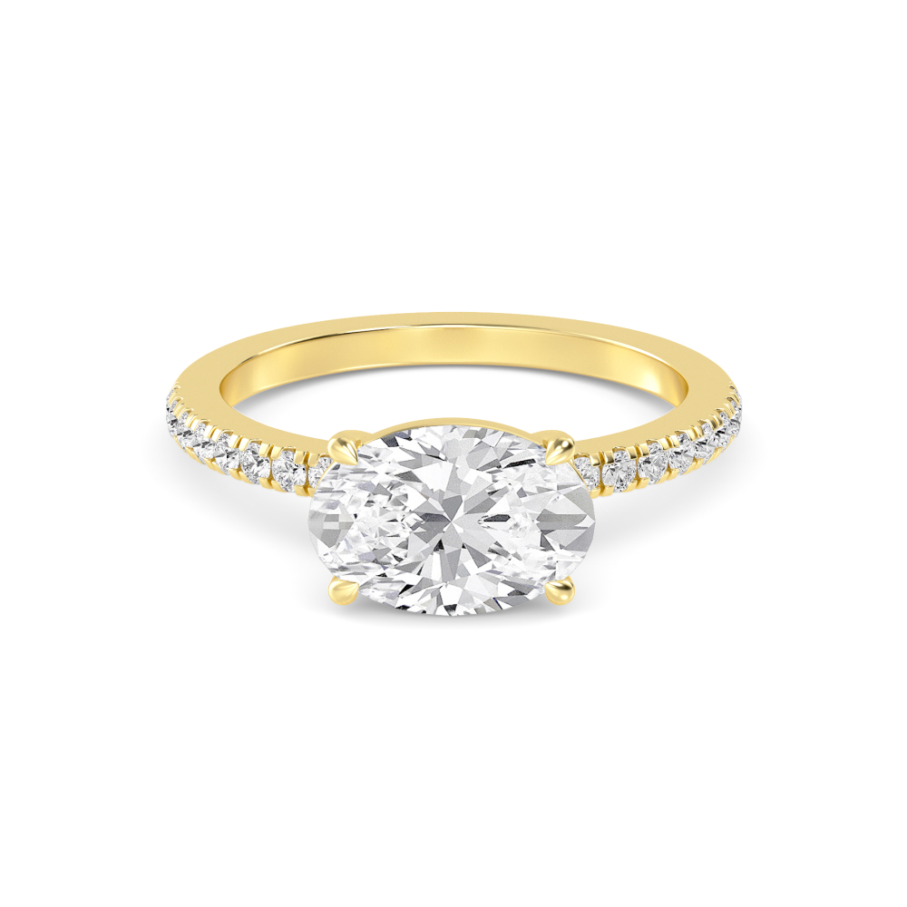 Nest, Four Prong Oval East-West Solitaire, Pavé Band in Yellow Gold, oval, plain background