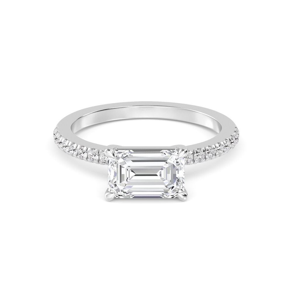 Clove, Four Prong Emerald East-West Solitaire, Pavé Band in White Gold, emerald, plain background