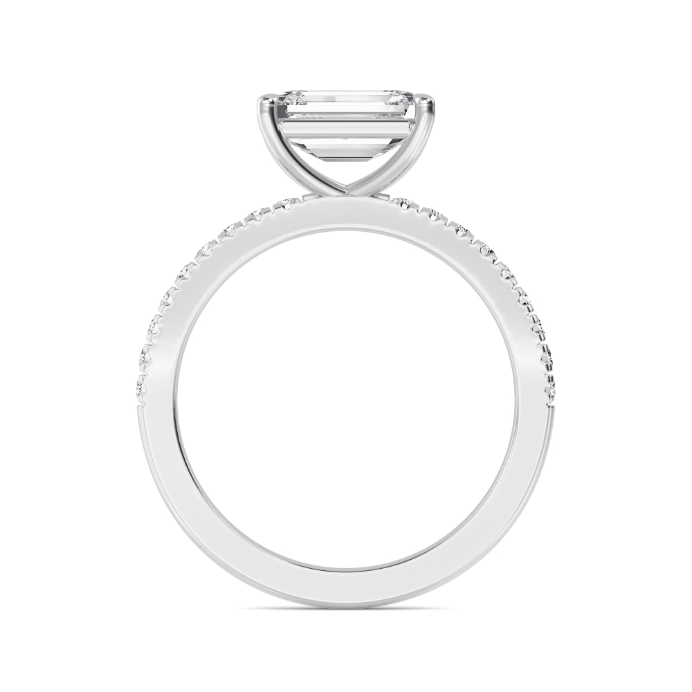 Clove, Four Prong Emerald East-West Solitaire, Pavé Band in White Gold, emerald, plain background, alternate view