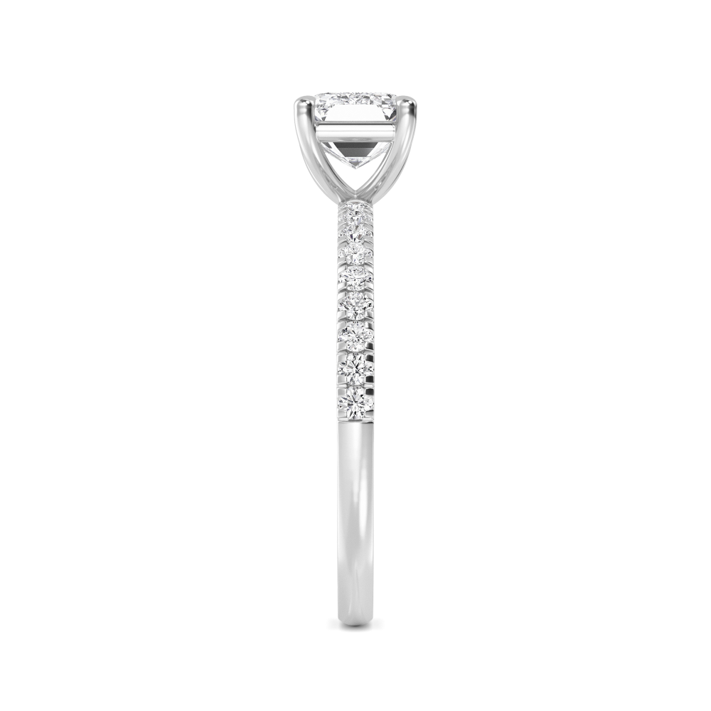 Clove, Four Prong Emerald East-West Solitaire, Pavé Band in White Gold, emerald, plain background, alternate view