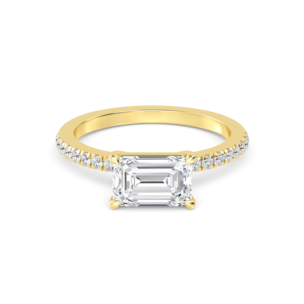 Clove, Four Prong Emerald East-West Solitaire, Pavé Band in Yellow Gold, emerald, plain background