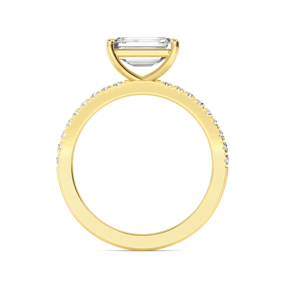 Clove, Four Prong Emerald East-West Solitaire, Pavé Band in Yellow Gold, emerald, plain background, alternate view