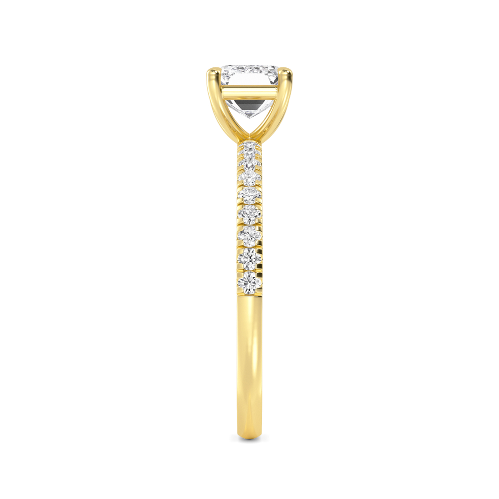 Clove, Four Prong Emerald East-West Solitaire, Pavé Band in Yellow Gold, emerald, plain background, alternate view