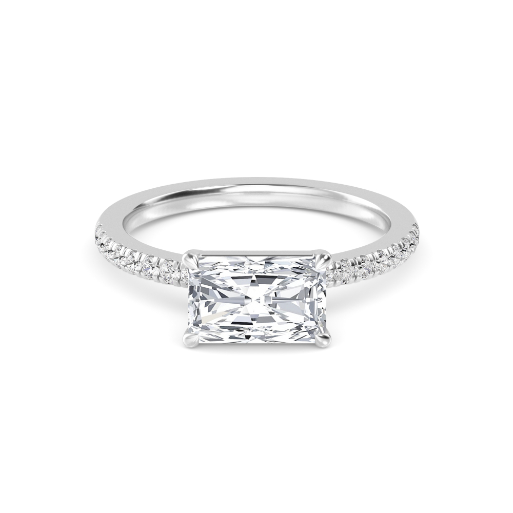 Sage, Four Prong Radiant East-West Solitaire, Pavé Band in White Gold, radiant, plain background