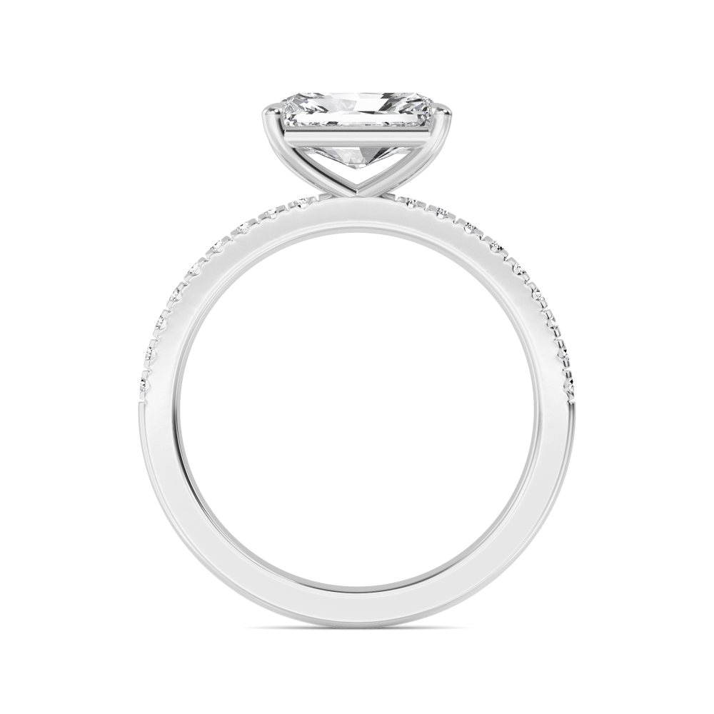 Sage, Four Prong Radiant East-West Solitaire, Pavé Band in White Gold, radiant, plain background, alternate view