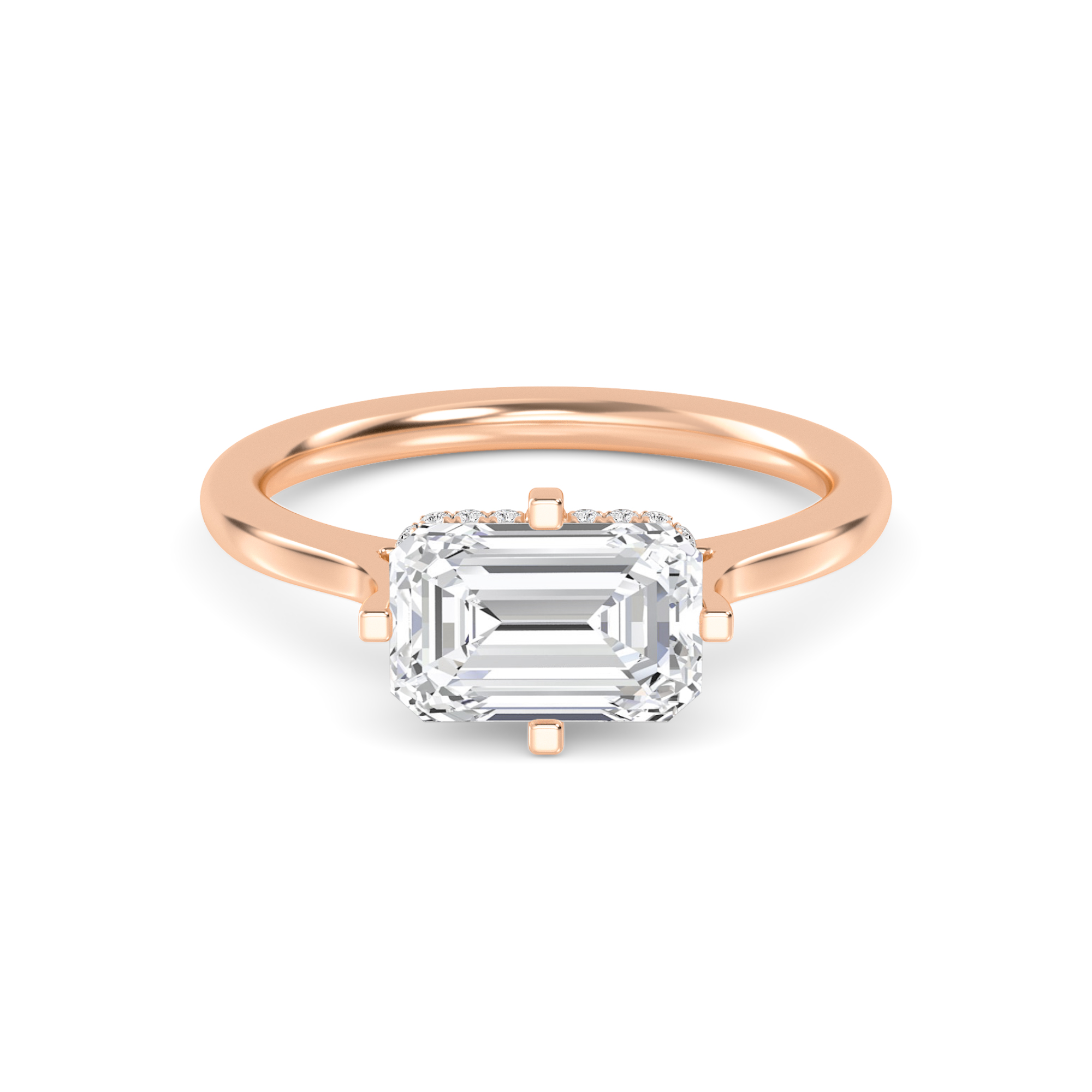 Fig, Four Prong Radiant East-West Solitaire in Rose Gold, radiant, plain background