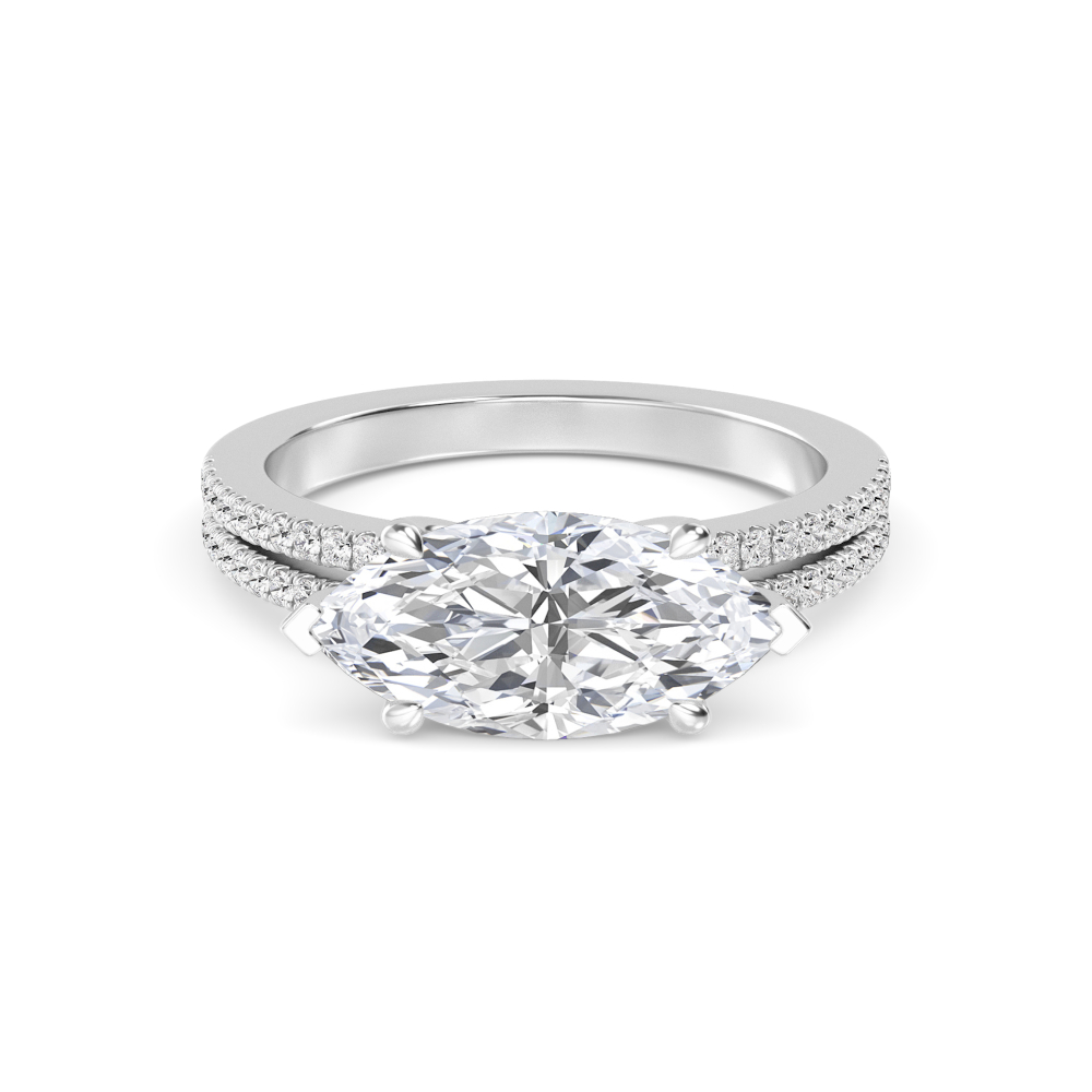 Rye, Four Prong Marquise East-West Solitaire, Pavé Band in White Gold, marquise, plain background