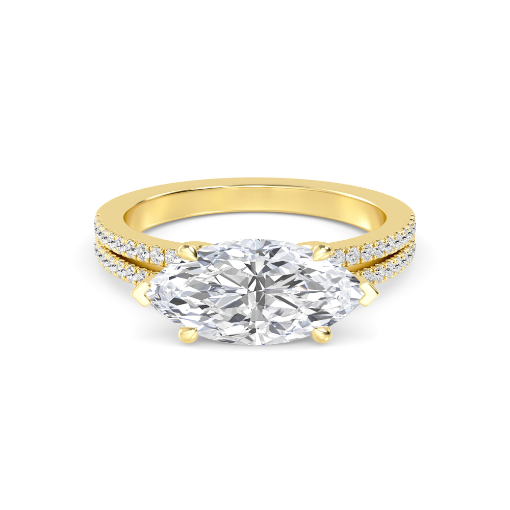 Rye, Four Prong Marquise East-West Solitaire, Pavé Band in Yellow Gold, marquise, plain background