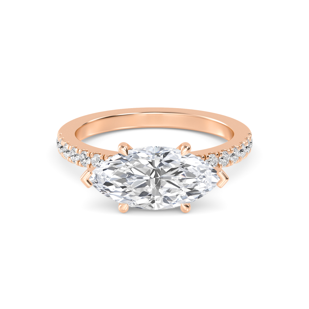 Sill, Six Prong Marquise East-West Solitaire, Pavé Band in Rose Gold, marquise, plain background