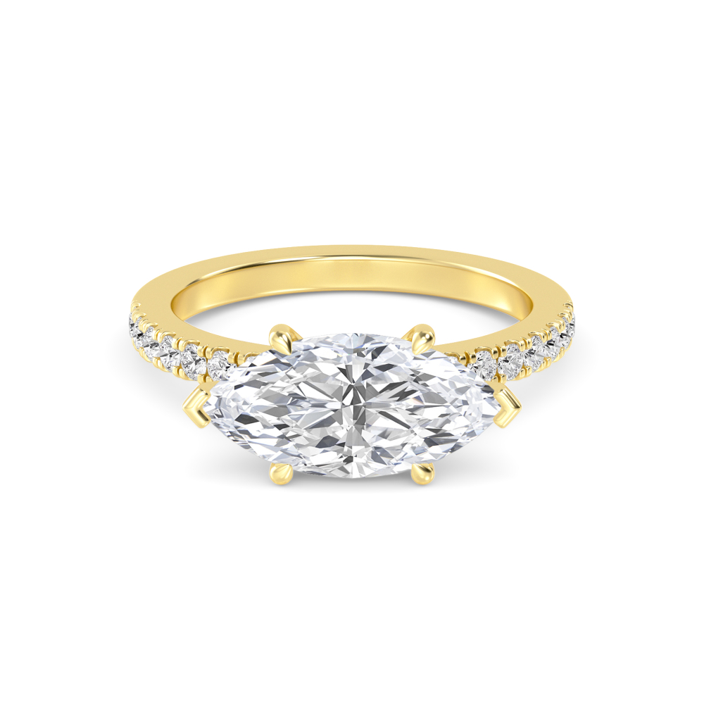 Sill, Four Prong Marquise East-West Solitaire, Pavé Band in Yellow Gold, marquise, plain background