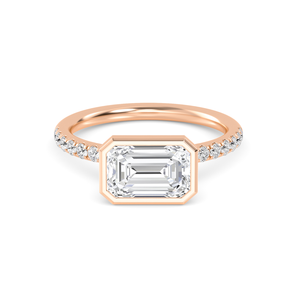 Brea, Bezel Emerald East-West Solitaire, Pavé Band in Rose Gold, emerald, plain background