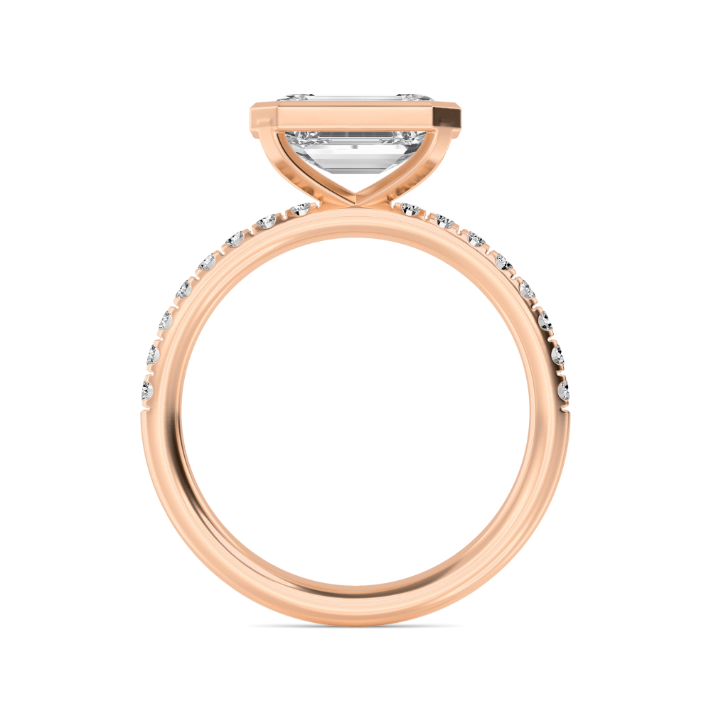 Brea, Bezel Emerald East-West Solitaire, Pavé Band in Rose Gold, emerald, plain background, alternate view