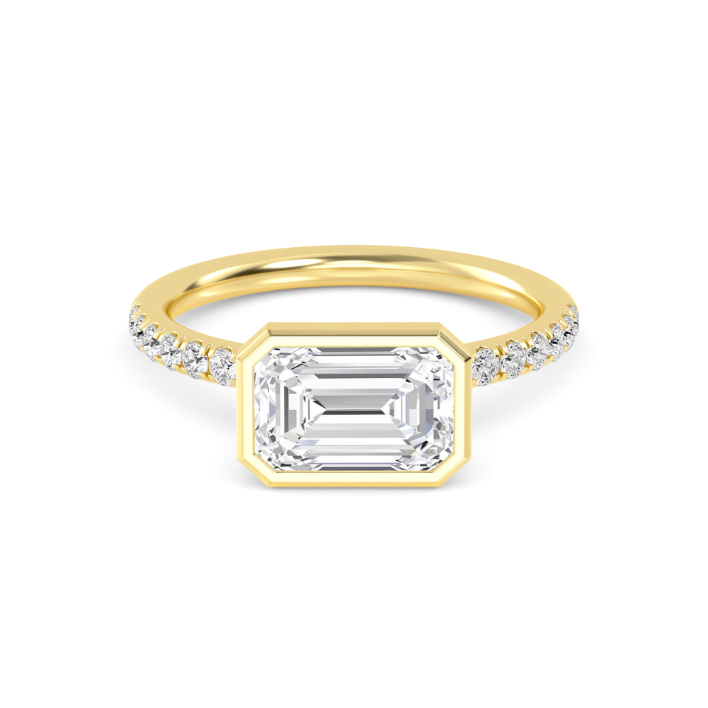 Brea, Bezel Emerald East-West Solitaire, Pavé Band in Yellow Gold, emerald, plain background