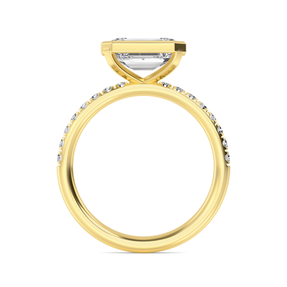 Brea, Bezel Emerald East-West Solitaire, Pavé Band in Yellow Gold, emerald, plain background, alternate view