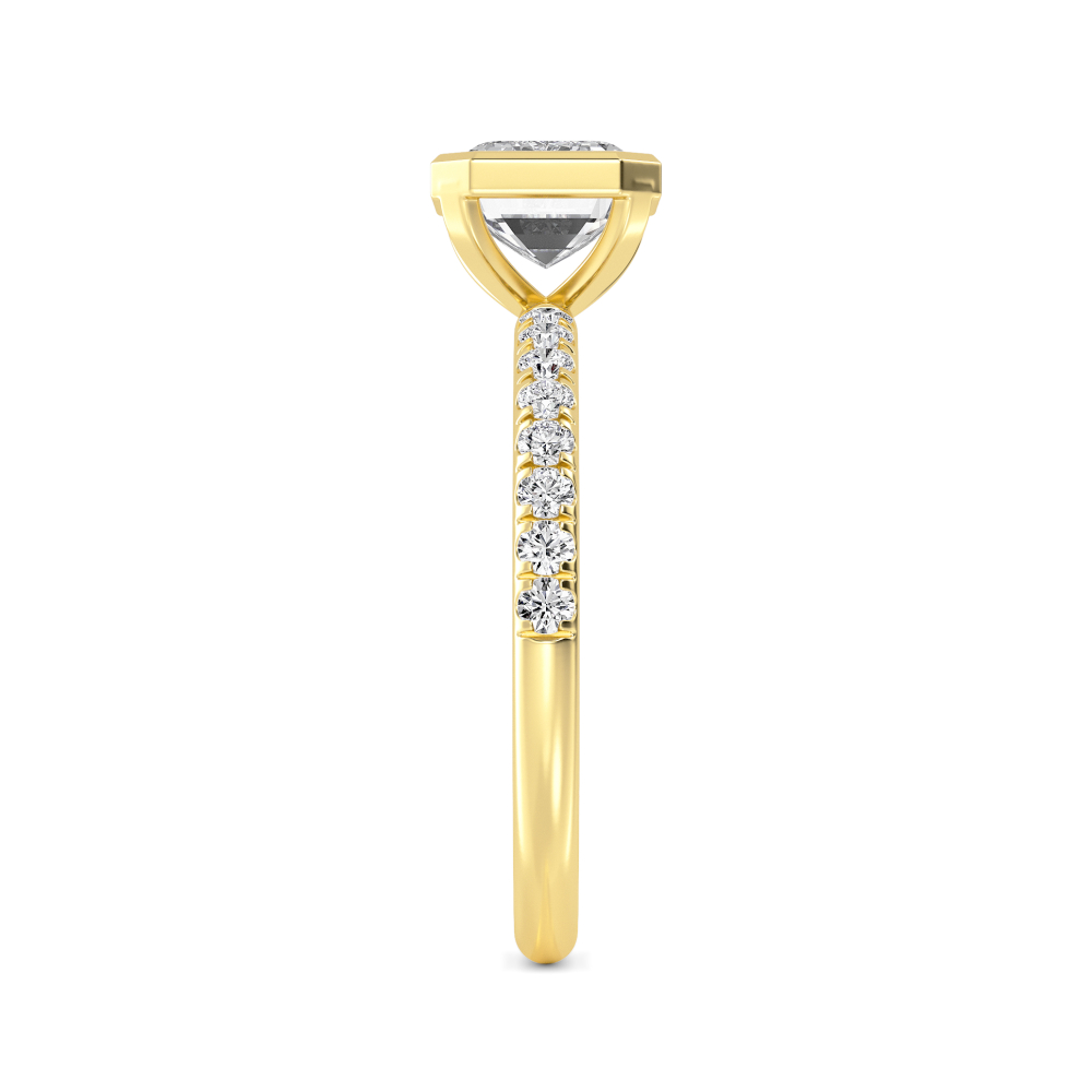 Brea, Bezel Emerald East-West Solitaire, Pavé Band in Yellow Gold, emerald, plain background, alternate view