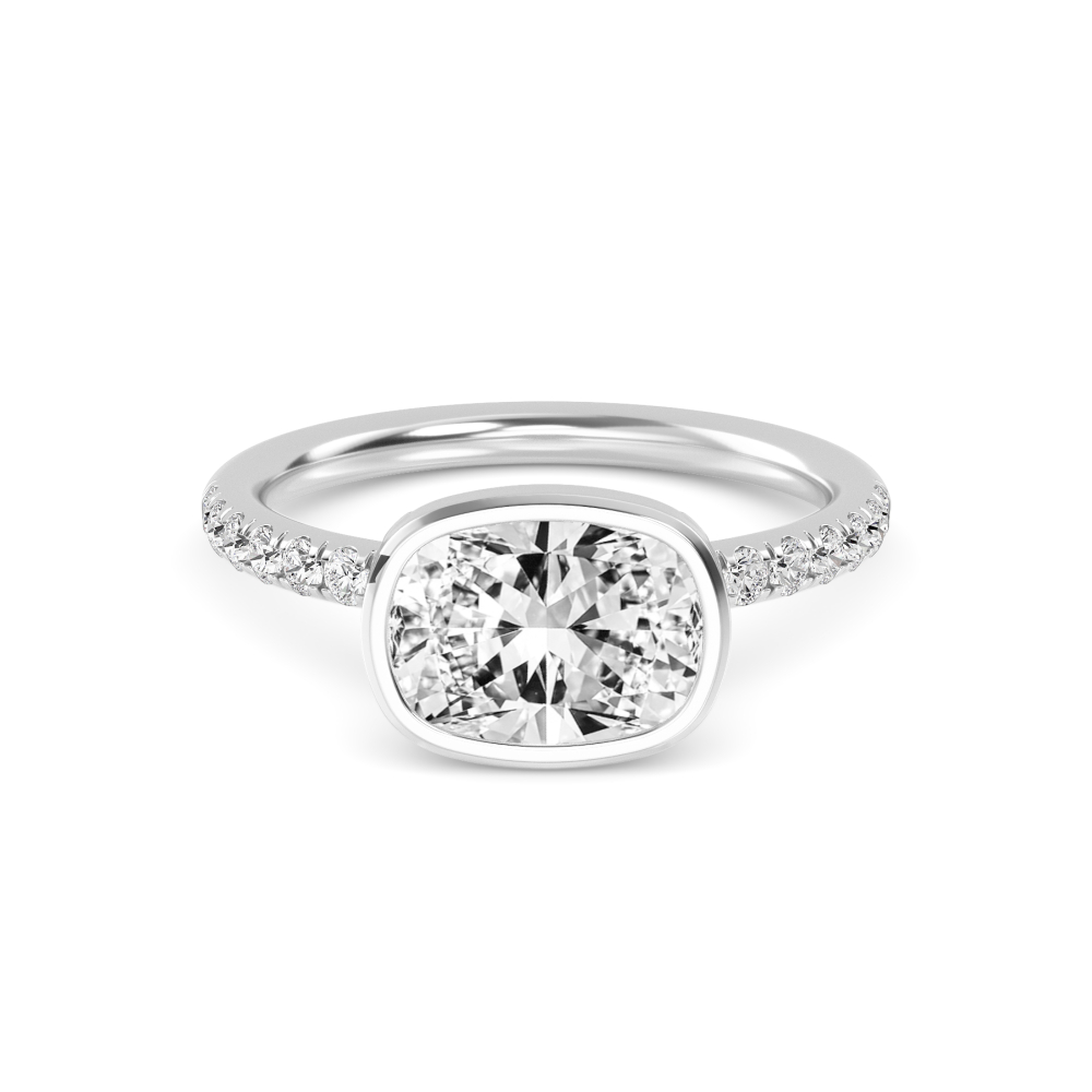 Lyric, Bezel Cushion East-West Solitaire, Pavé Band in White Gold, cushion, plain background
