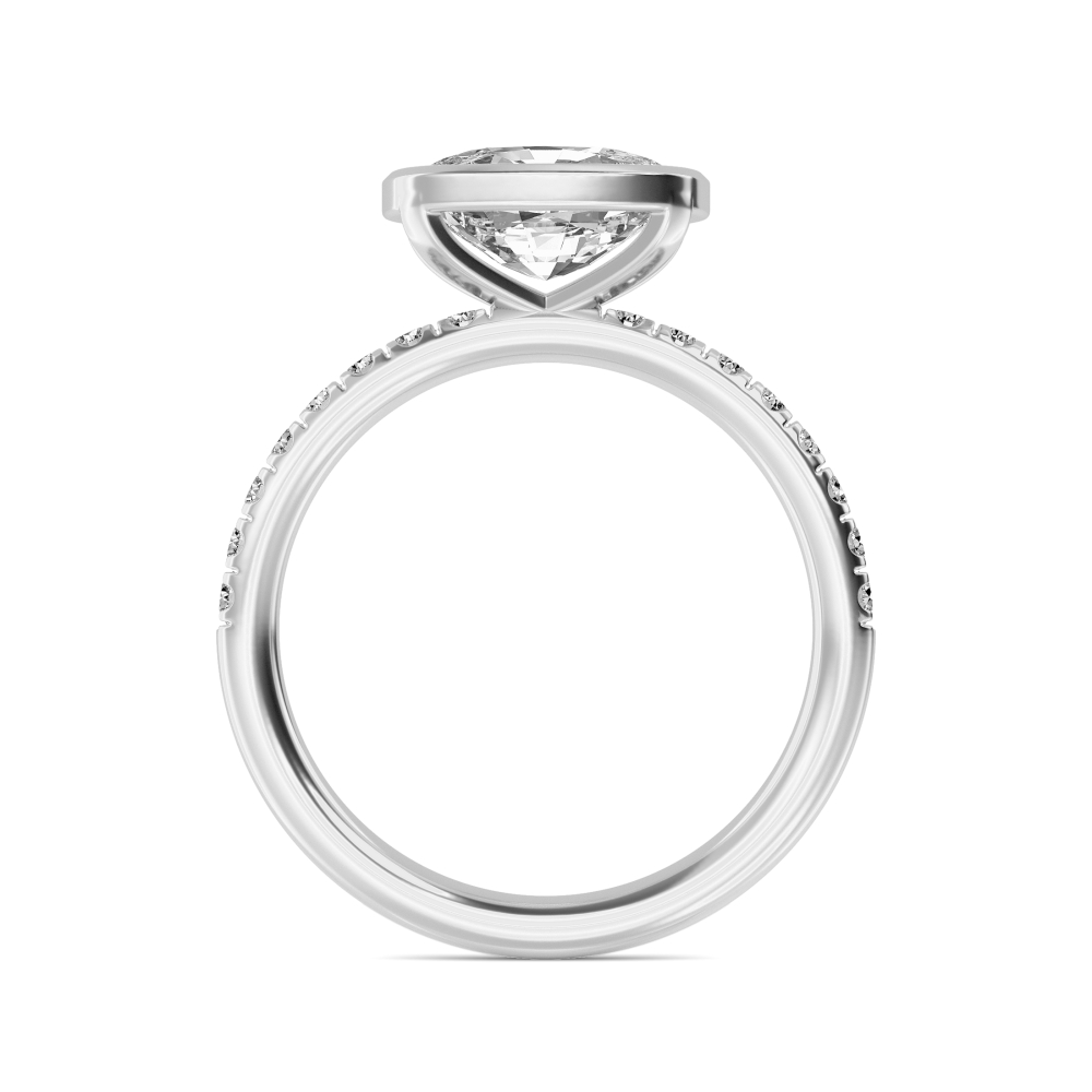 Lyric, Bezel Cushion East-West Solitaire, Pavé Band in White Gold, cushion, plain background, alternate view