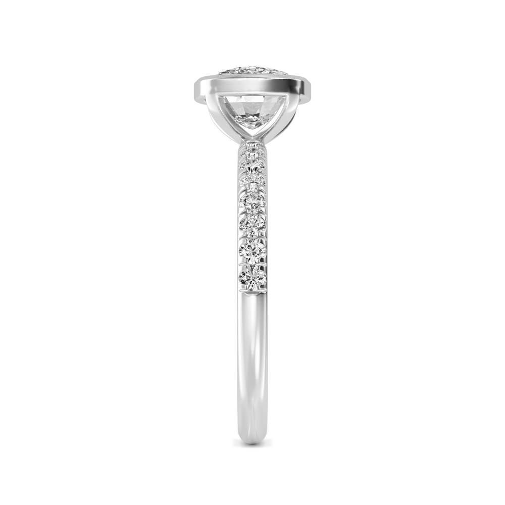 Lyric, Bezel Cushion East-West Solitaire, Pavé Band in White Gold, cushion, plain background, alternate view