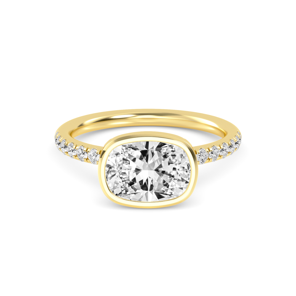 Lyric, Bezel Cushion East-West Solitaire, Pavé Band in Yellow Gold, cushion