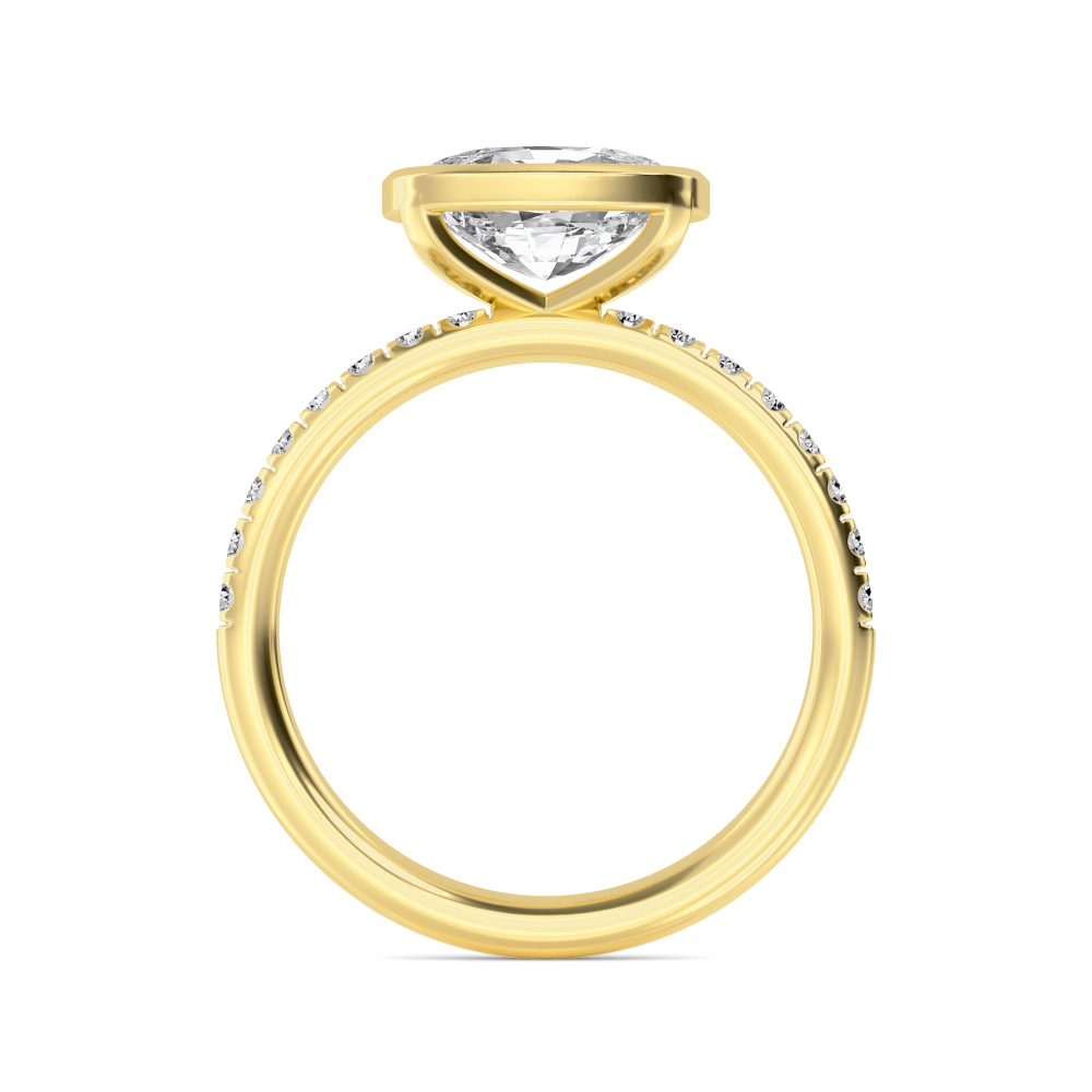 Lyric, Bezel Cushion East-West Solitaire, Pavé Band in Yellow Gold, cushion, plain background, alternate view