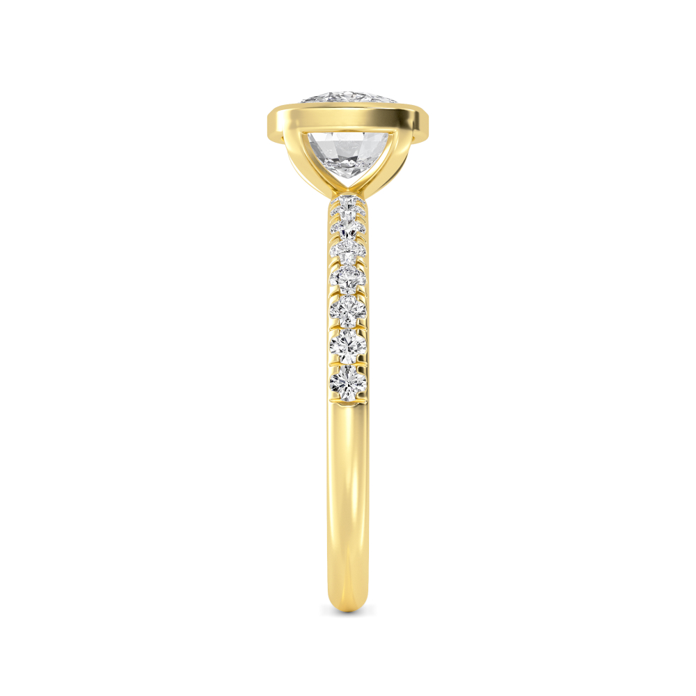 Lyric, Bezel Cushion East-West Solitaire, Pavé Band in Yellow Gold, cushion, plain background, alternate view
