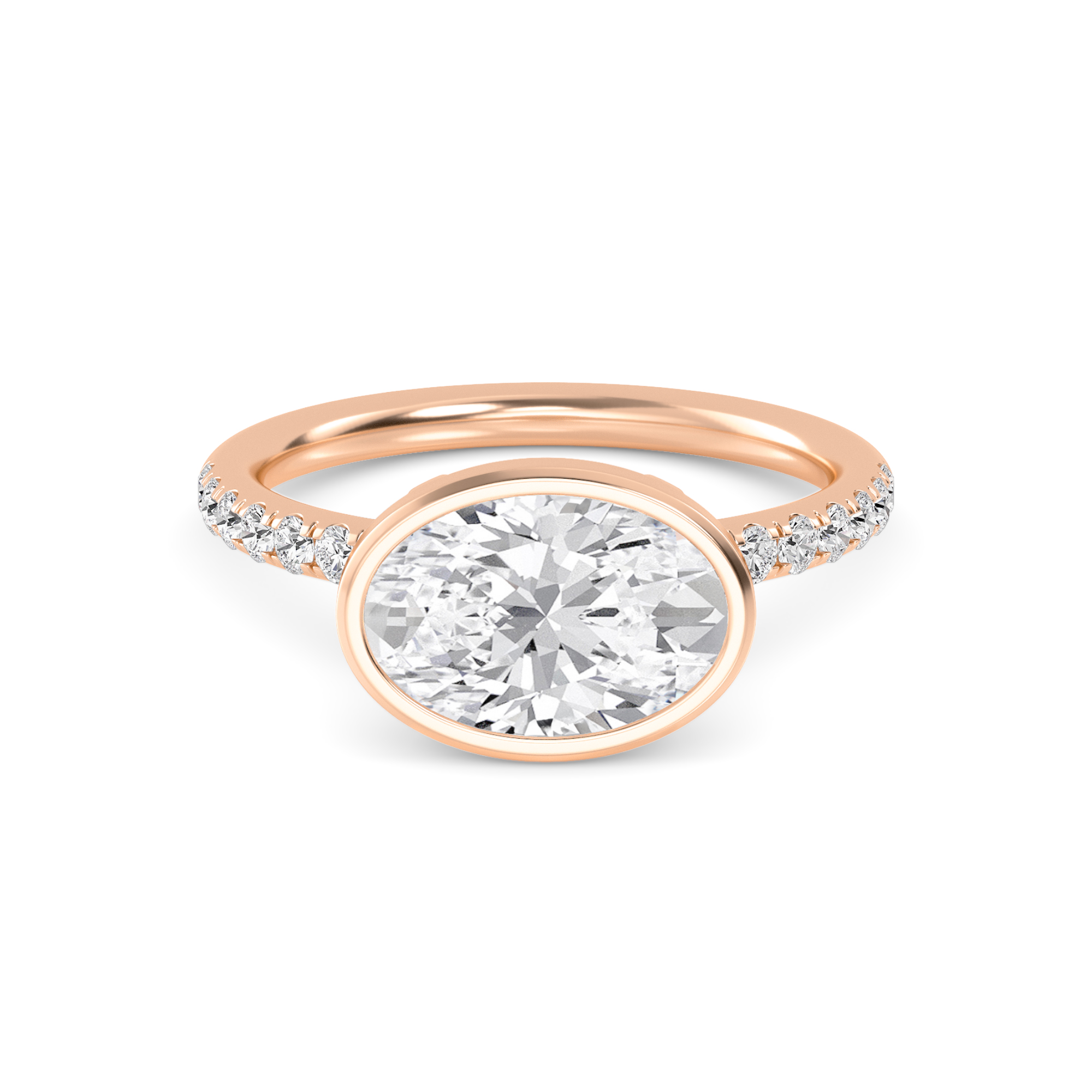 Sonnet, Bezel Oval East-West Solitaire, Pavé Band in Rose Gold, oval, plain background