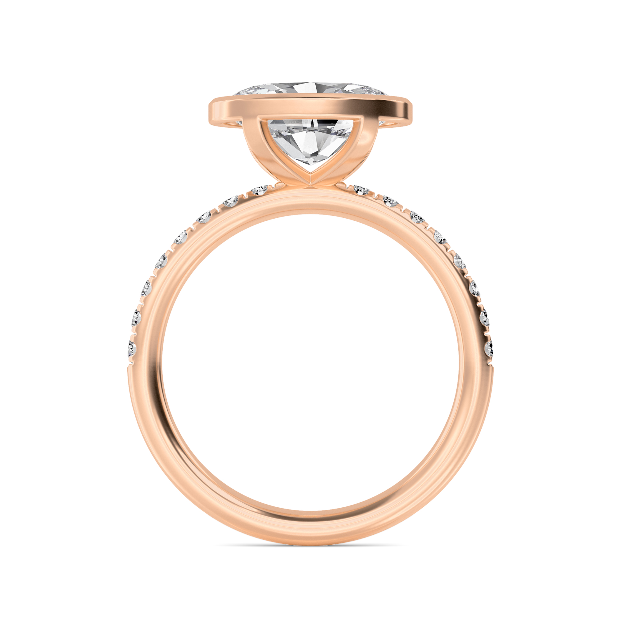 Sonnet, Bezel Oval East-West Solitaire, Pavé Band in Rose Gold, oval, plain background, alternate view