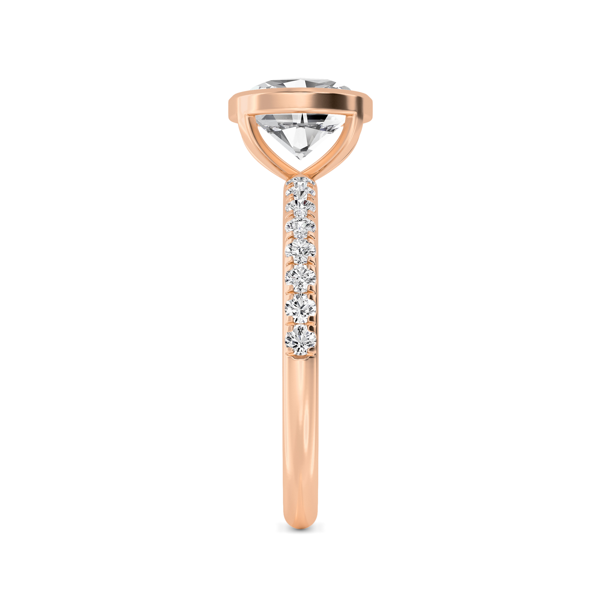 Sonnet, Bezel Oval East-West Solitaire, Pavé Band in Rose Gold, oval, plain background, alternate view