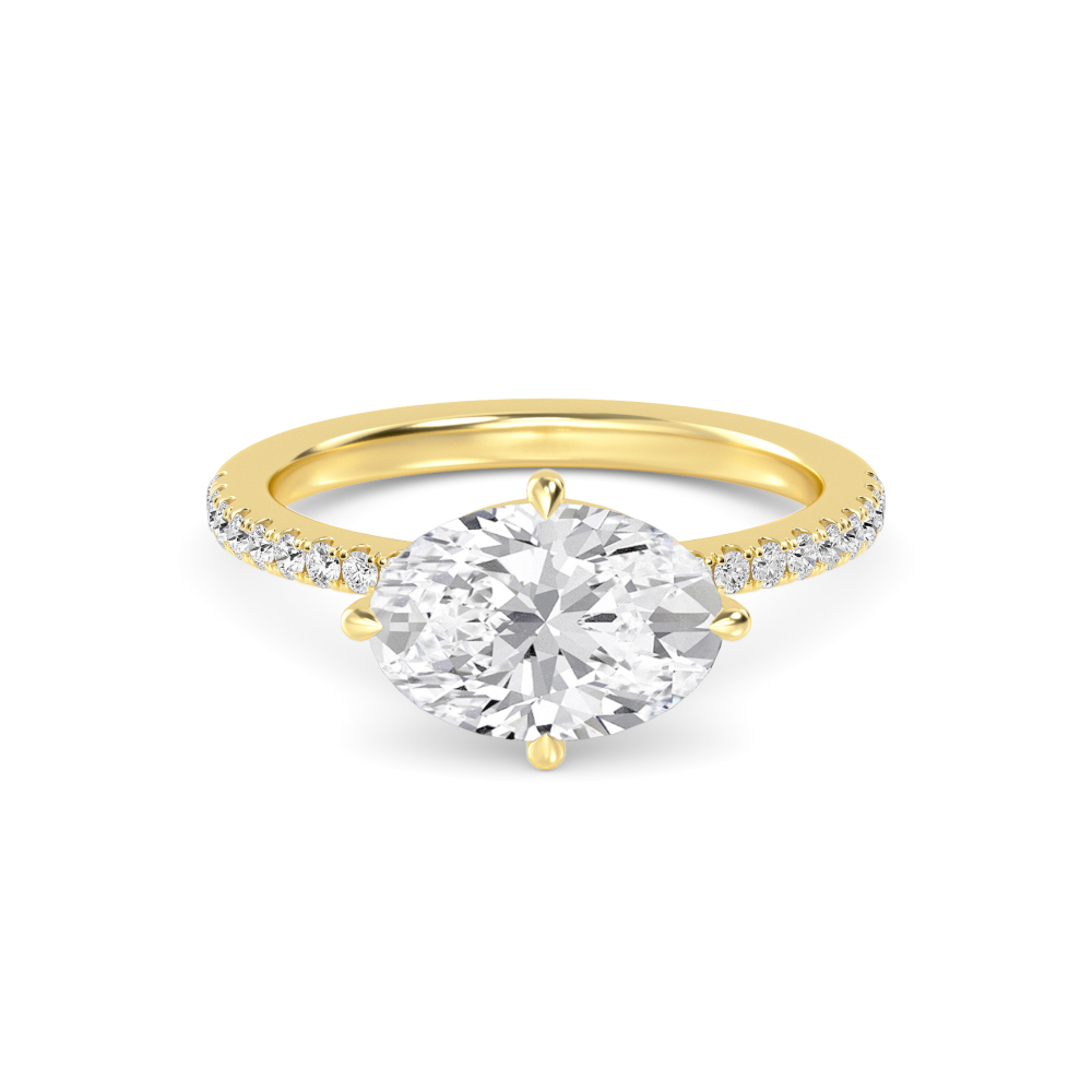 Vane, Four Prong Oval East-West Solitaire, Pavé Band in Yellow Gold, oval, plain background