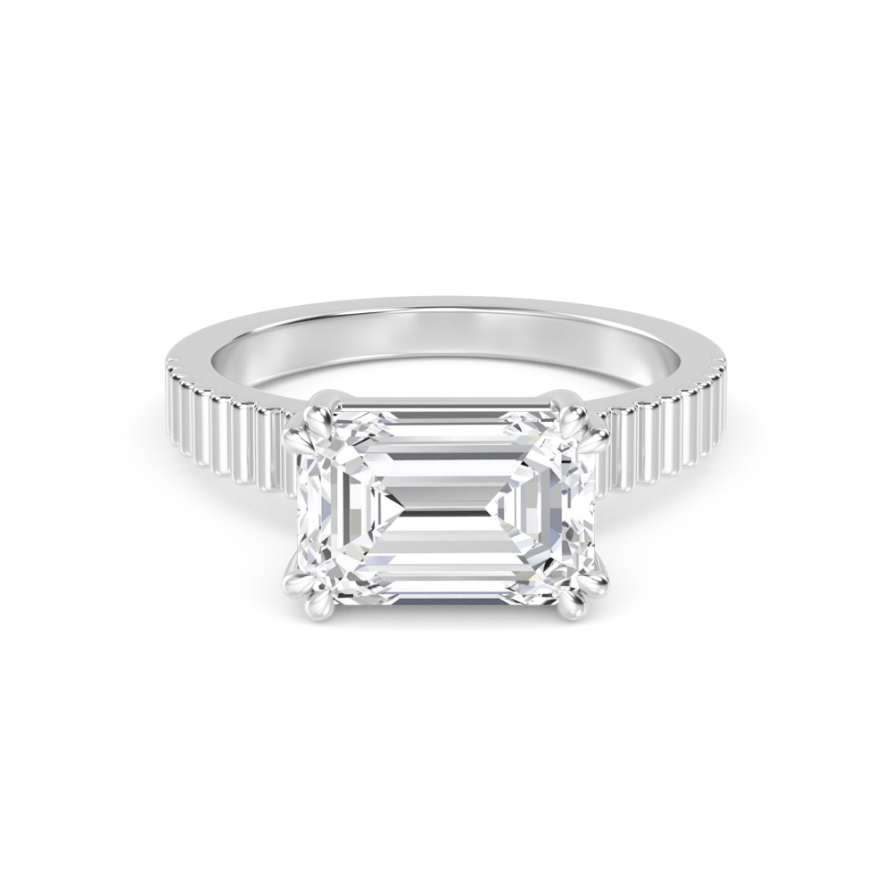 Gust, Double Claw Emerald East-West Solitaire, Fluted Band in White Gold, emerald, plain background