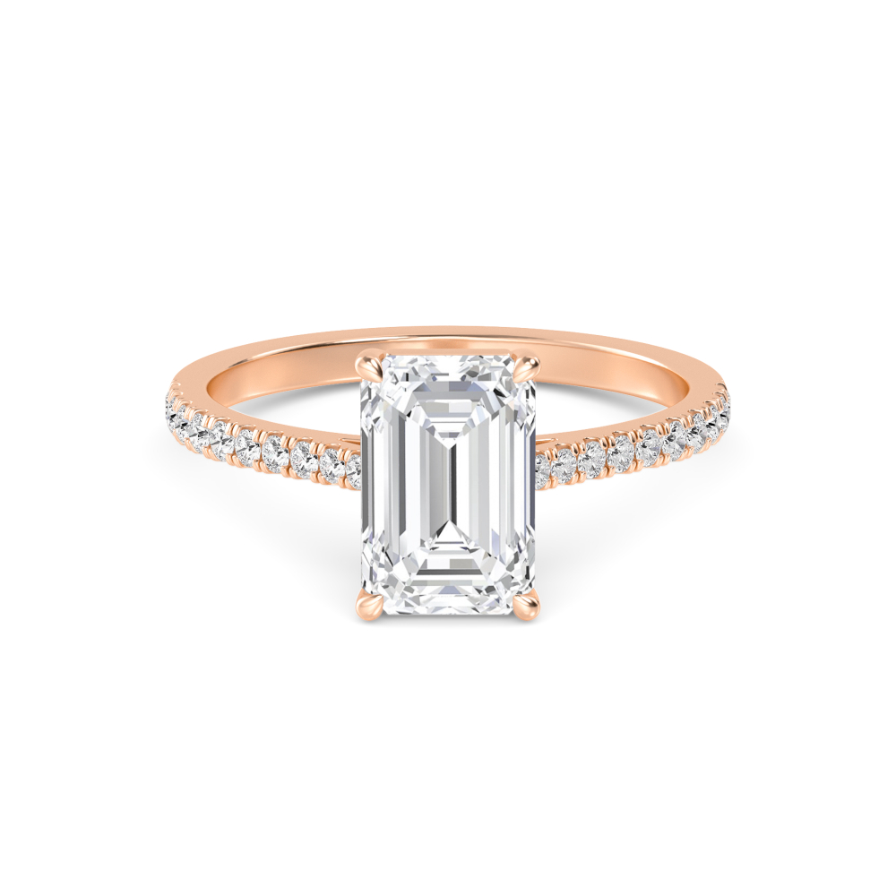 Ivy, Four Prong Emerald Solitaire, Pavé Band in Rose Gold, emerald, plain background