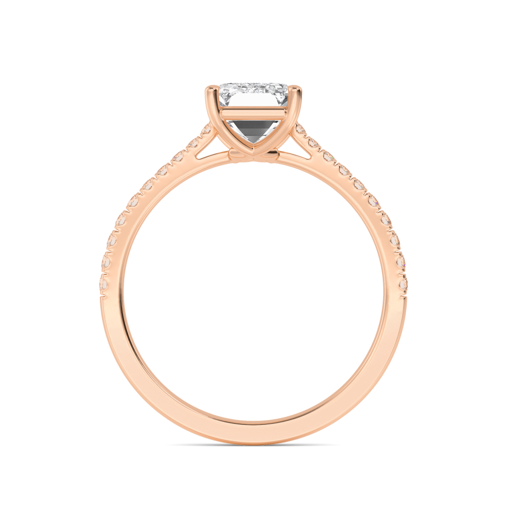Ivy, Four Prong Emerald Solitaire, Pavé Band in Rose Gold, emerald, plain background, alternate view