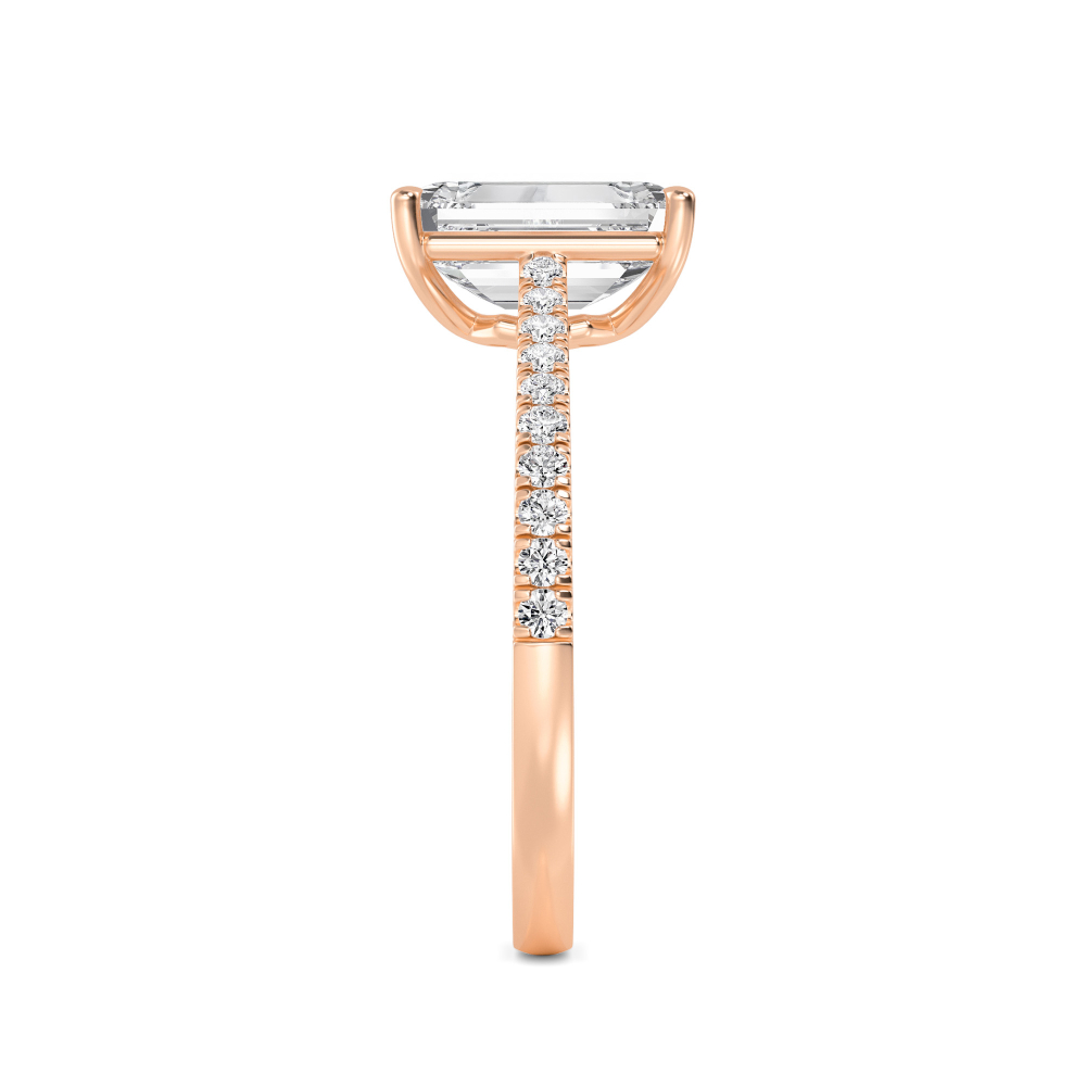 Ivy, Four Prong Emerald Solitaire, Pavé Band in Rose Gold, emerald, plain background, alternate view