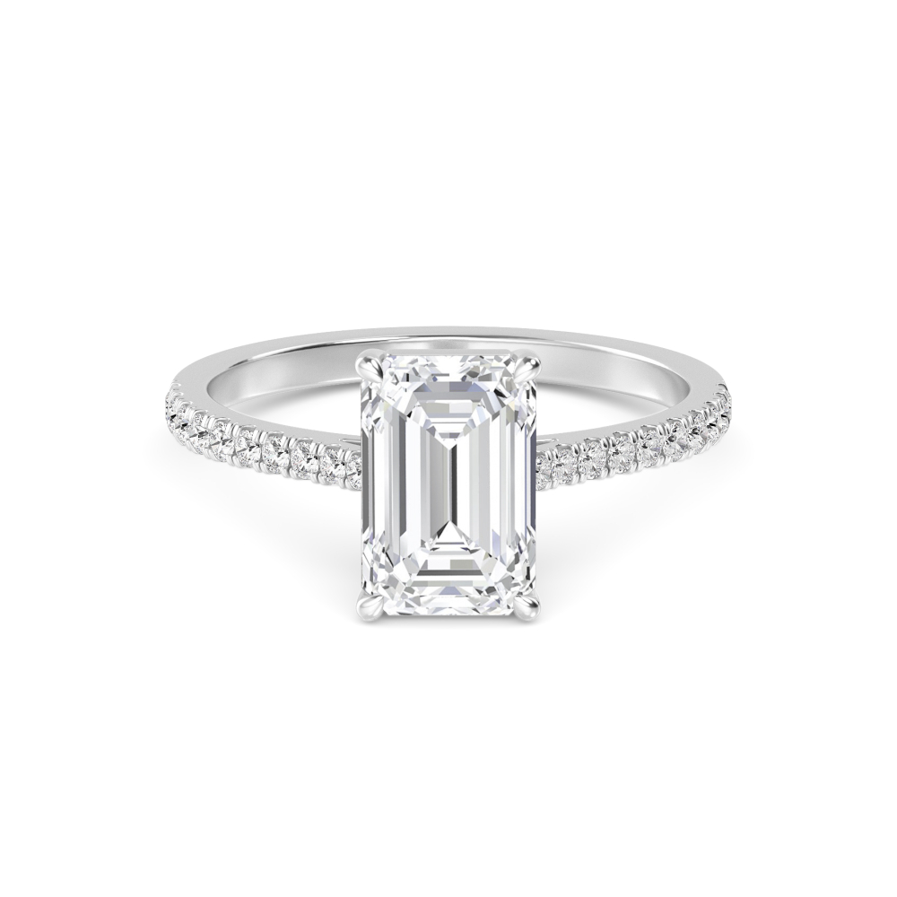 Ivy, Four Prong Emerald Solitaire, Pavé Band, Cathedral Arms in White Gold, emerald, plain background