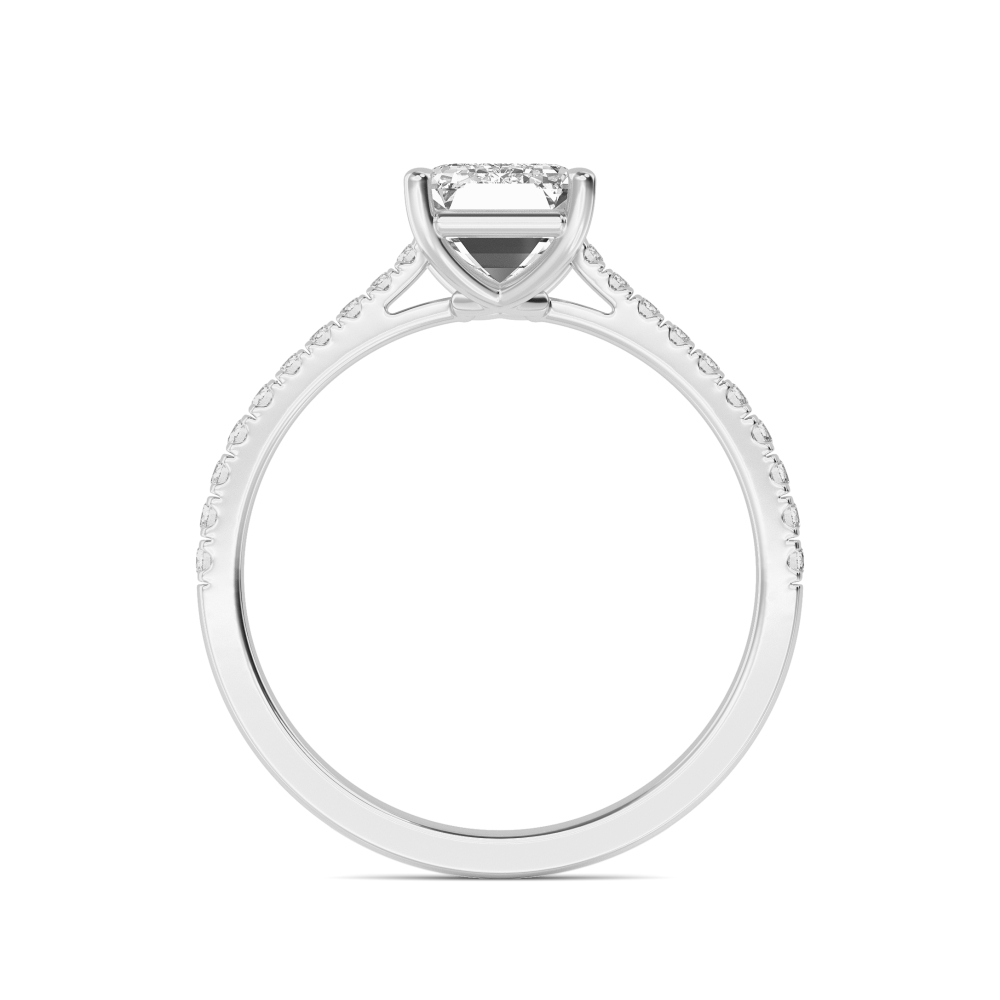 Ivy, Four Prong Emerald Solitaire, Pavé Band, Cathedral Arms in White Gold, emerald, plain background, alternate view