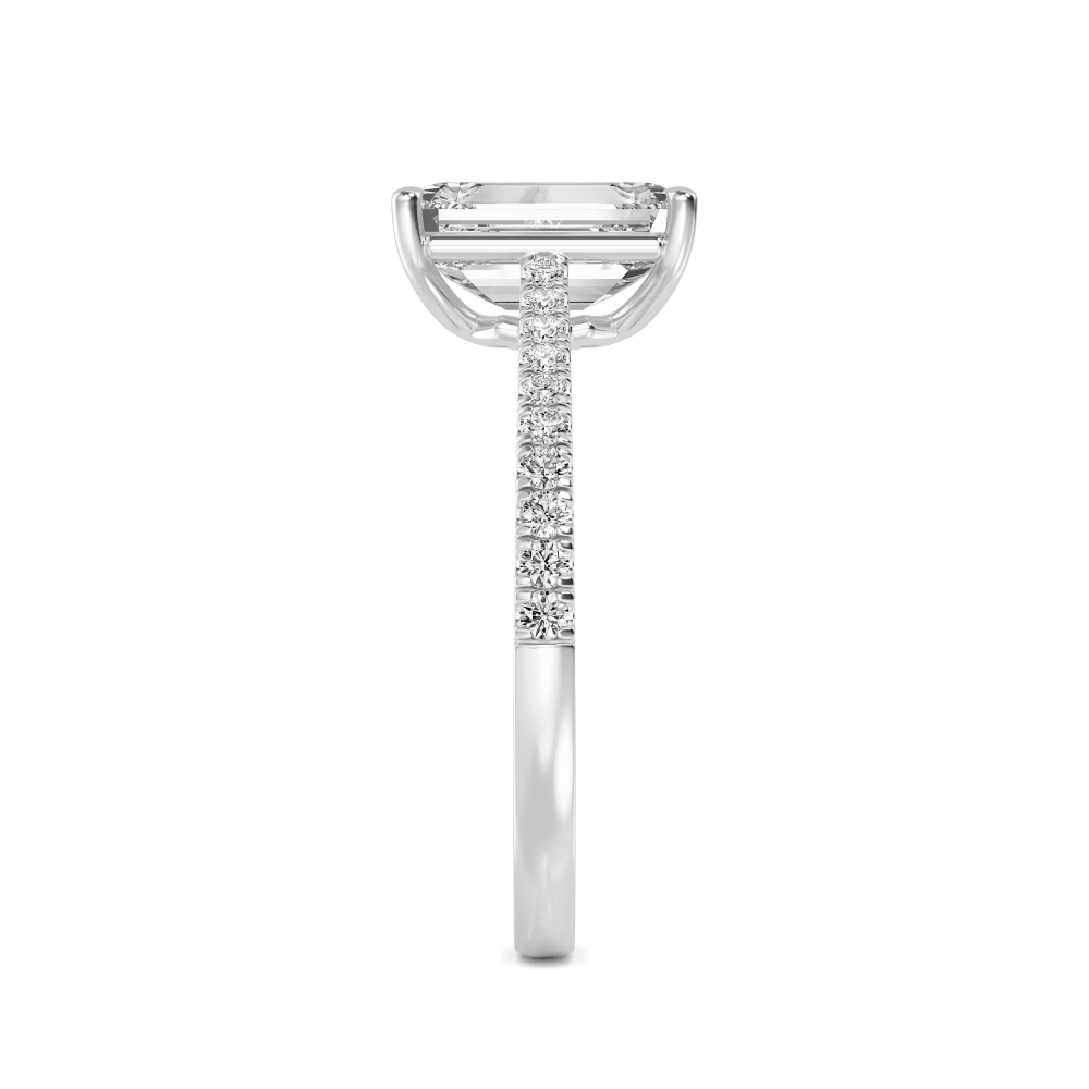 Ivy, Four Prong Emerald Solitaire, Pavé Band, Cathedral Arms in White Gold, emerald, plain background, alternate view
