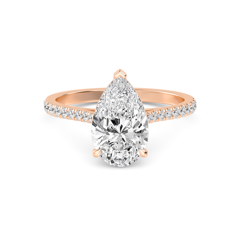 Lune, Three Prong Pear Solitaire, Pavé Band in Rose Gold, pear, plain background