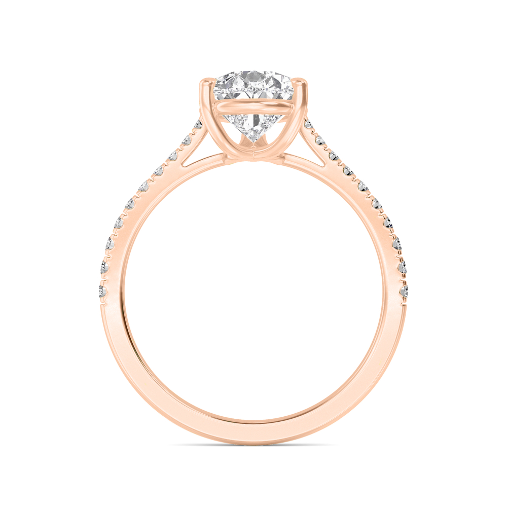 Lune, Three Prong Pear Solitaire, Pavé Band in Rose Gold, pear, plain background, alternate view