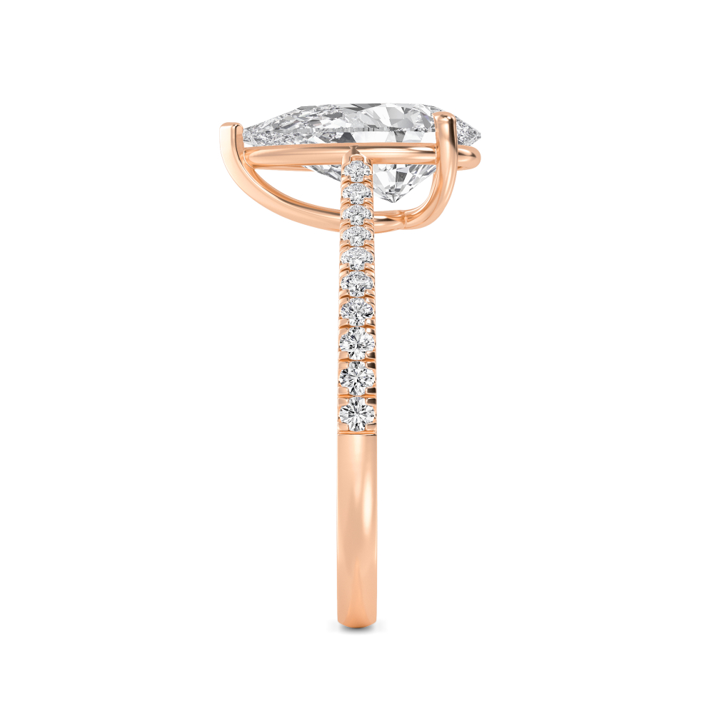 Lune, Three Prong Pear Solitaire, Pavé Band in Rose Gold, pear, plain background, alternate view
