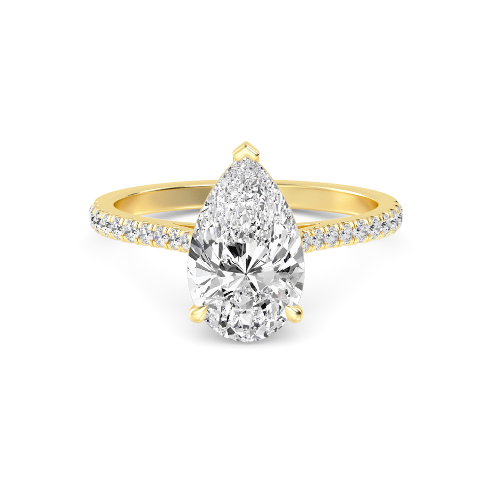 Lune, Three Prong Pear Solitaire, Pavé Band in Yellow Gold, pear, plain background