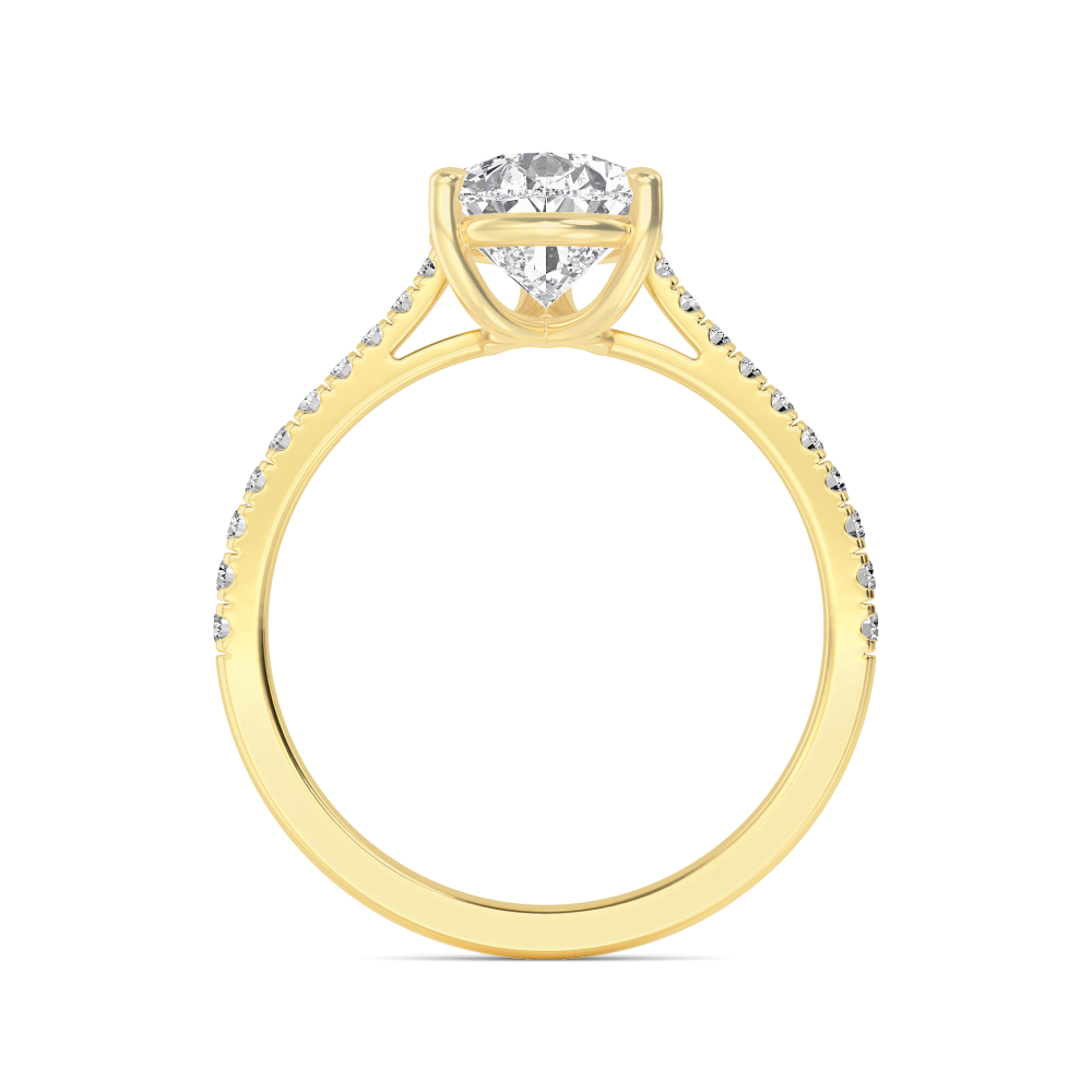 Lune, Three Prong Pear Solitaire, Pavé Band in Yellow Gold, pear, plain background, alternate view