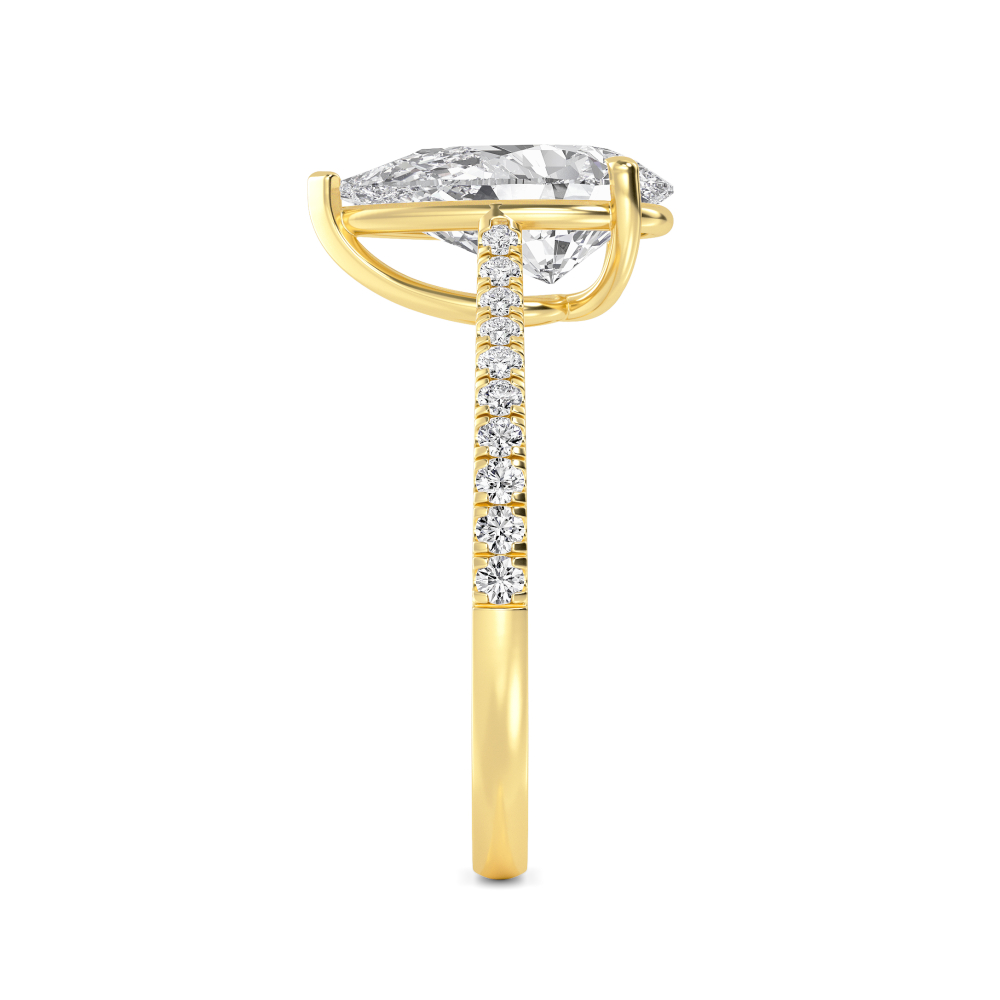 Lune, Three Prong Pear Solitaire, Pavé Band in Yellow Gold, pear, plain background, alternate view