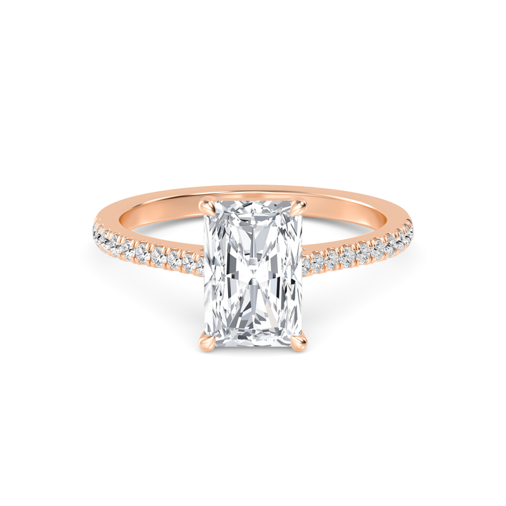 Mere, Four Prong Radiant Solitaire, Pavé Band, Cathedral Arms in Rose Gold, radiant, plain background