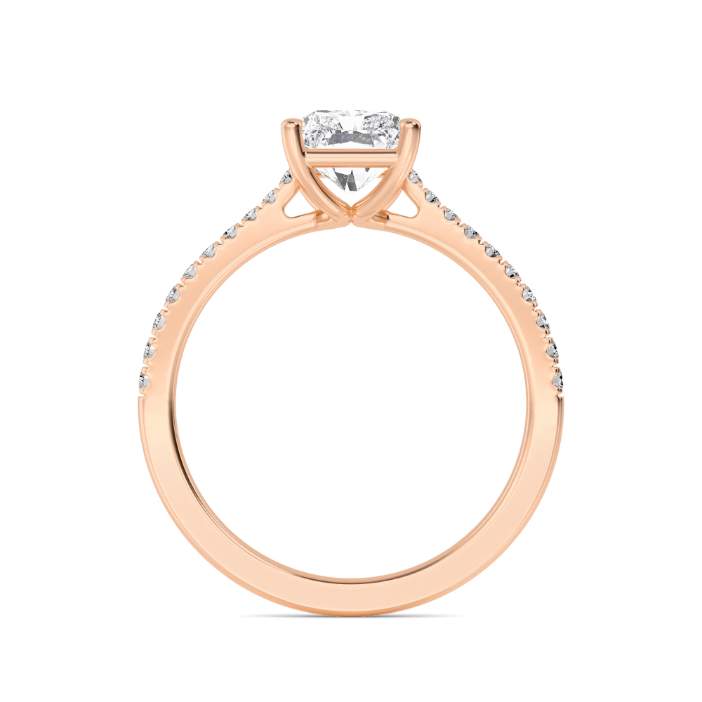 Mere, Four Prong Radiant Solitaire, Pavé Band, Cathedral Arms in Rose Gold, radiant, plain background, alternate view
