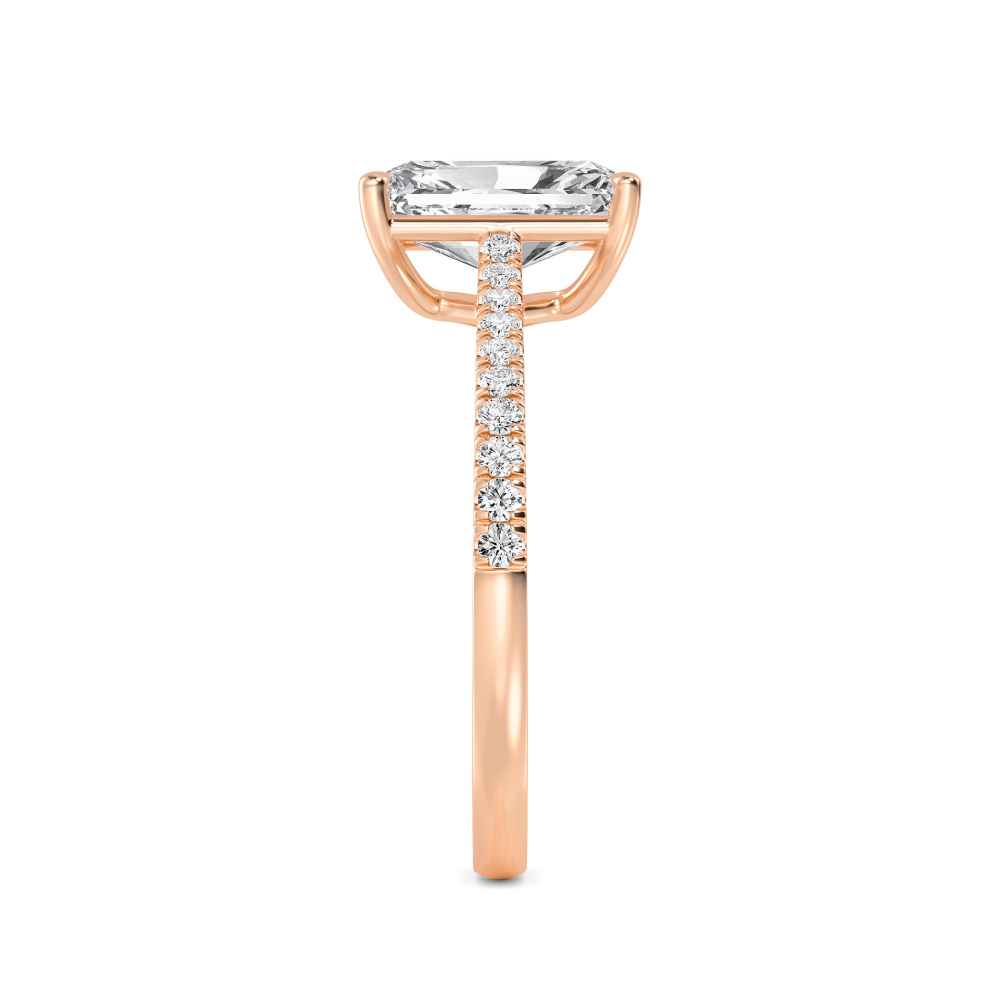 Mere, Four Prong Radiant Solitaire, Pavé Band, Cathedral Arms in Rose Gold, radiant, plain background, alternate view