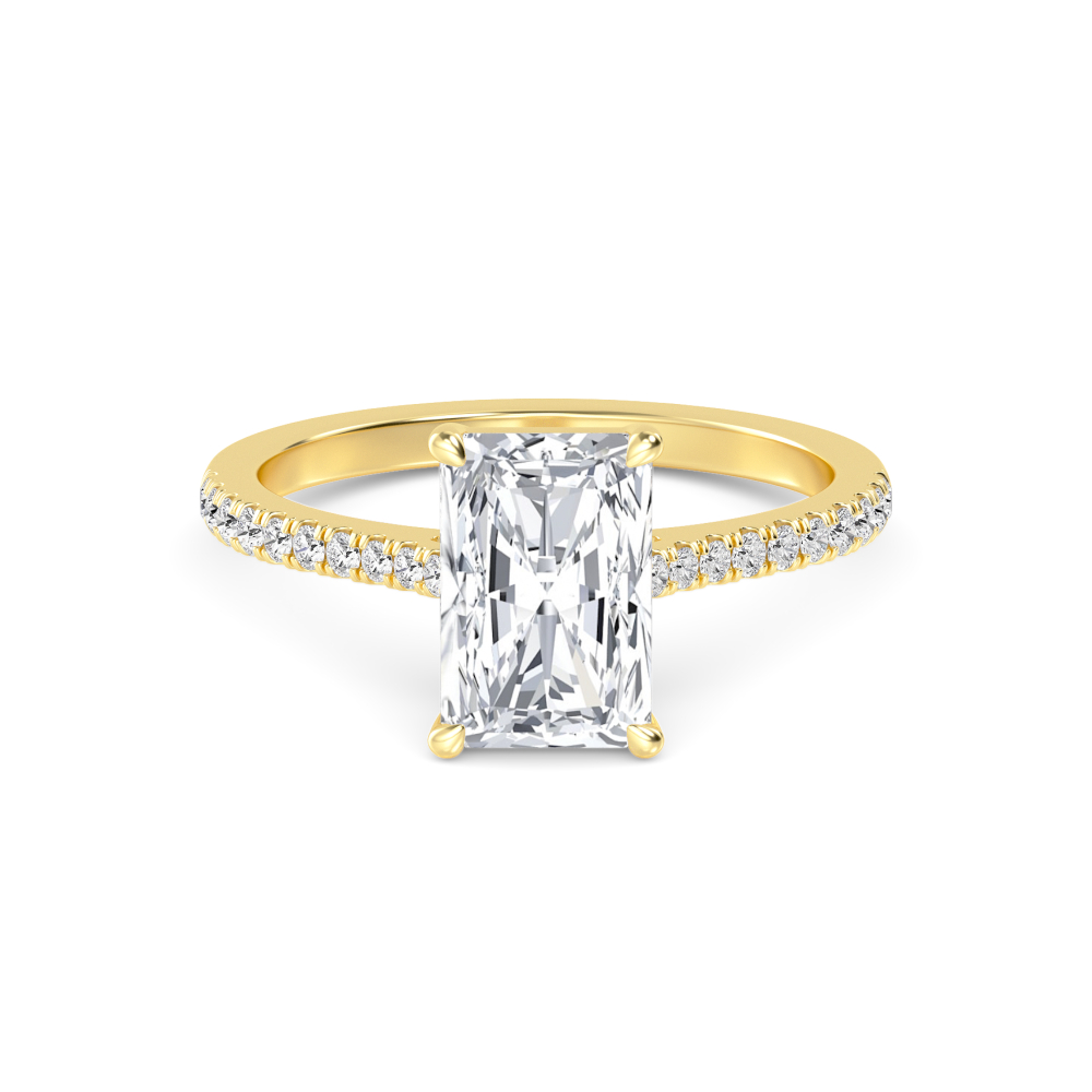 Mere, Four Prong Radiant Solitaire, Pavé Band in Yellow Gold, radiant, plain background